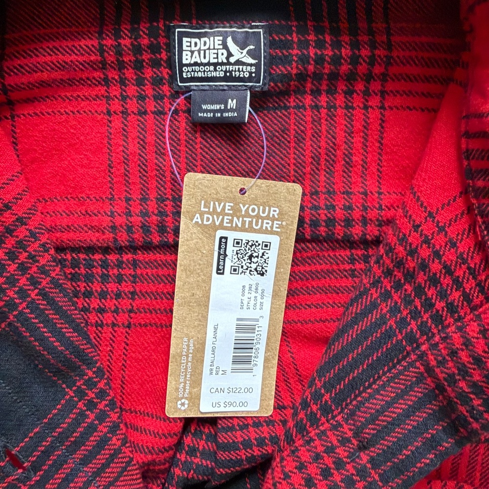 EDDIE BAUER | Women's Red & Black Oversized Long Sleeve Plaid Flannel Shirt Sz M - Picture 5 of 6